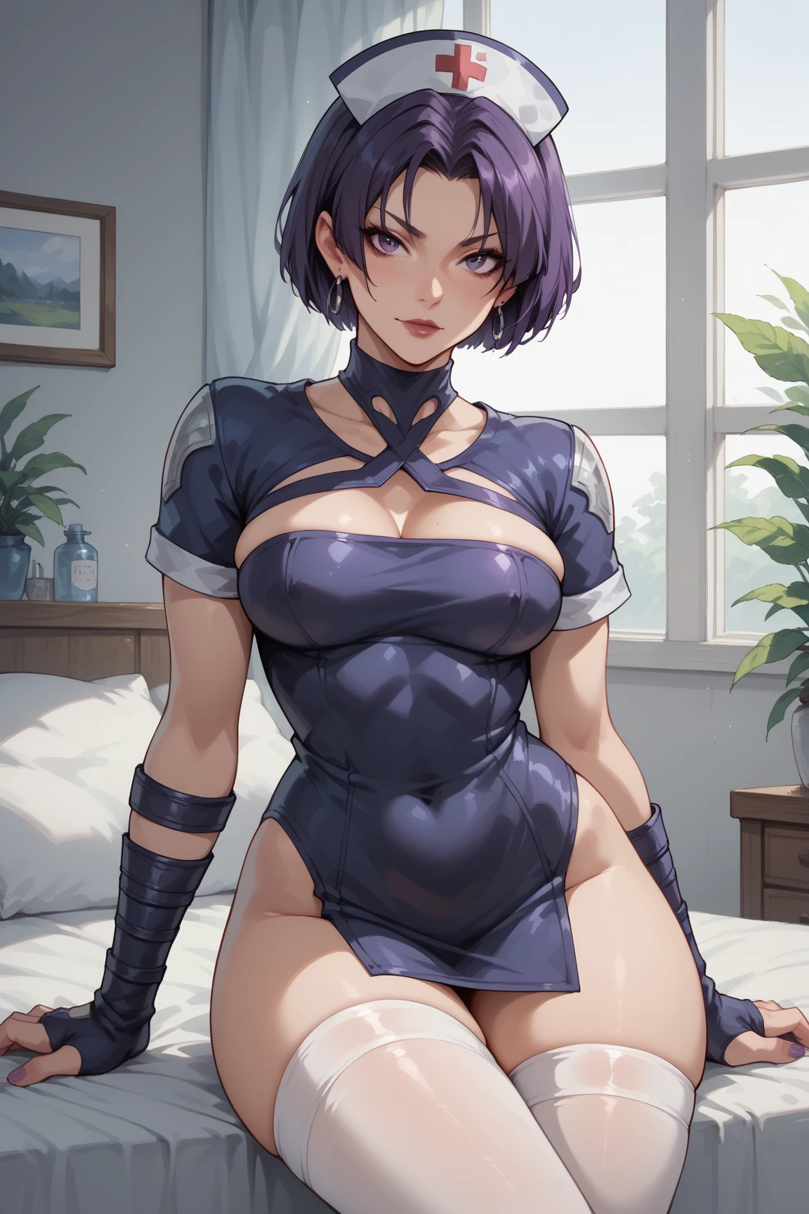 whole body、Ultra-detailed illustrations、Purple Leotard、Ultra-precise expression、masterpiece、Highest quality、ultra High resolution、High resolution、Hiromitsu Takeda Style、White background、Simple Background、whole body、solo、Vulgar expression、(Mash Kyrielight、light purple hair,short hair,hair over one eyes、Purple long gloves、purple heel boots)、ahegao、Sit on a chair、Constraints、