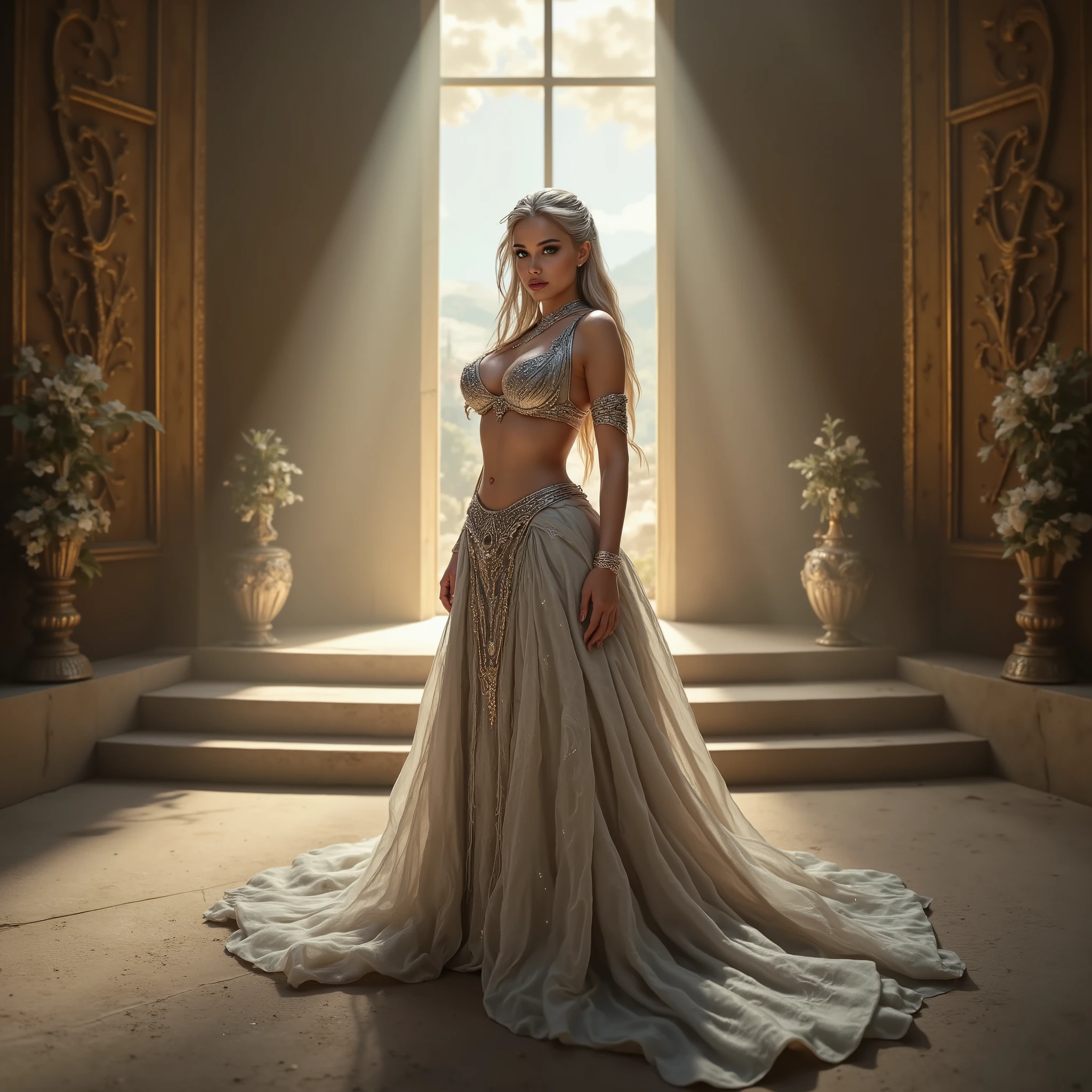 Targaryen princess, gown, throne room, godrays, long silver hair 