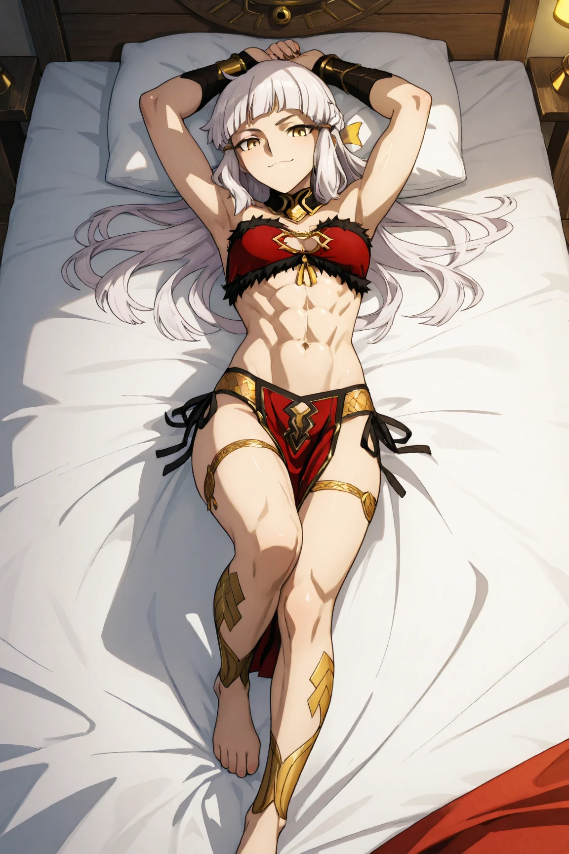 (masterpiece), (best quality), (ultra-detailed), line drawing, skindentation, (high resolution), cowboy shot, blindfold, blinfolded eyes, female big breast, full body, fetal positon on bed (shackles on legs and arms inside bed), long white hair, female restraint, chained to the bed, slender, long hair, exposed, slave, muscular abs, big breast, bra cover chest , sleeping on bed (no eyes), red tatto for slave under navel, navel, black chocker, female elf, pointy ears, blood on sheets