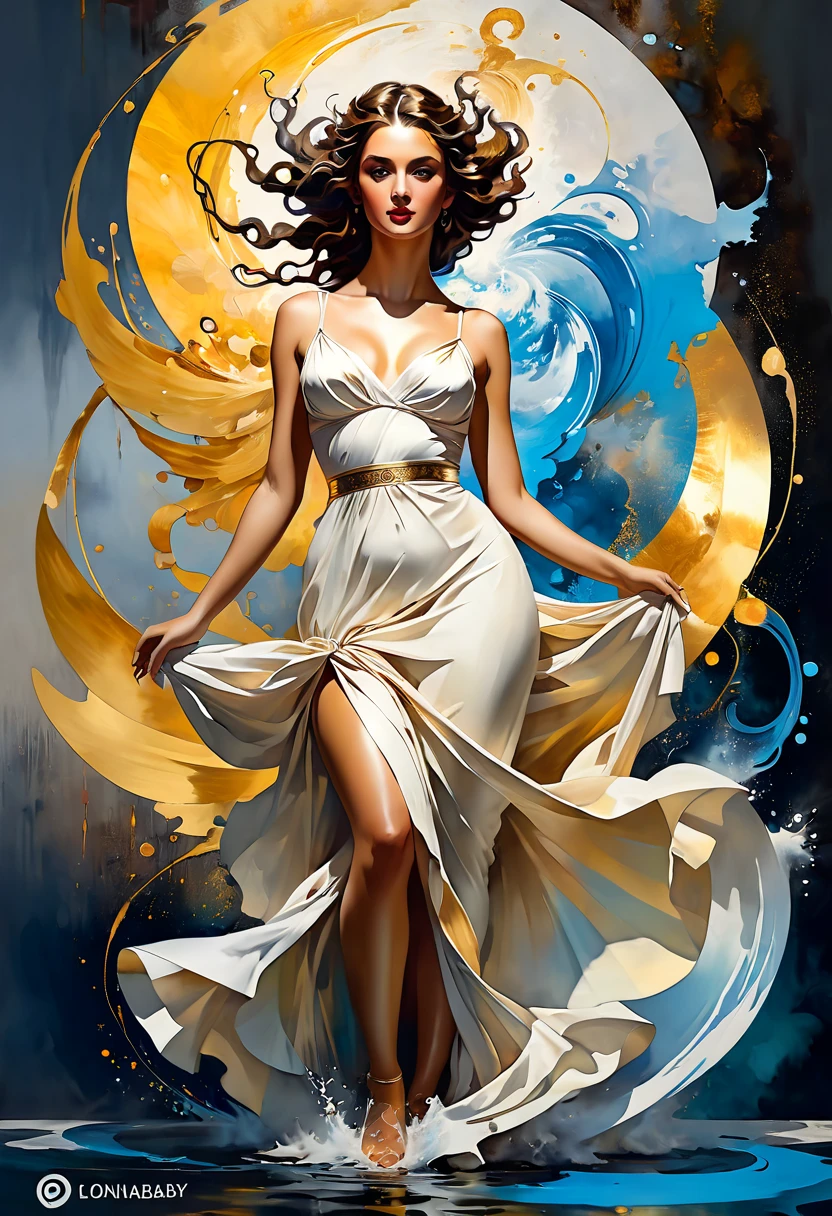 black outline ONLY, white background, dark-skinned woman floating in silk, Art Nouveau goddess, minimalistic.