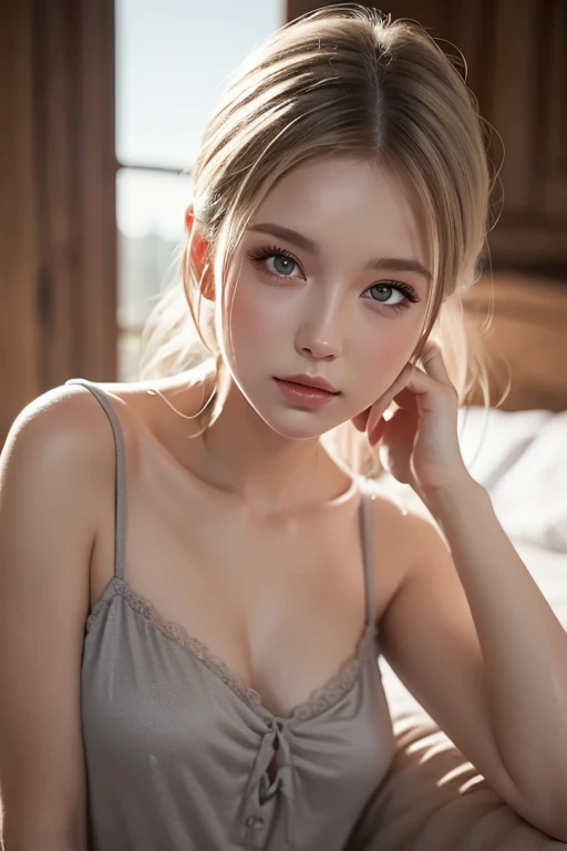 A young woman with dyed blonde hair, wearing a short skirt, lying on her stomach in the bedroom, sexy legs, sexy breasts, detailed eyes, luscious lips, (best quality, 8k, high resolution, masterpiece: 1.4) gerçekçi kamera çekimi