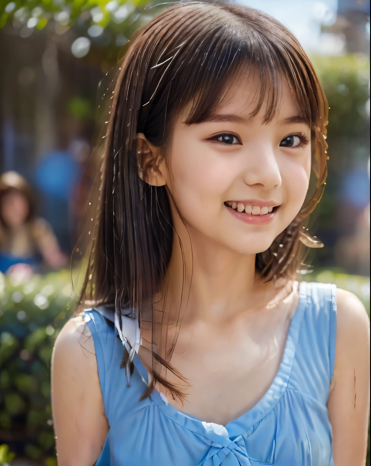 (top quality,masterpiece,super high res at the bank 1.3),(photo realistic1.3),smile,(girl 2.0,Age 10 2.0,cute s 2.0,small face 2.0,Elementary school student 2 .0, 2.0,small face 2.0,Short height 2.0,no makeup 1.5,Small Breasts 2.0,Small breasts 2.0, 2 .0,Height 135 cm 2.0),(Long,2 brown twin tails.0,with ribbons in the hair 2.0),light blue sleeveless dress,Flower Field
