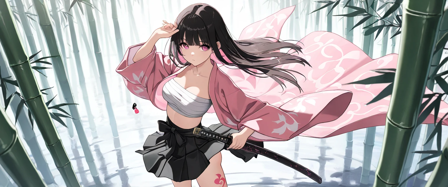 1girl in、nightcity、Great body、Great legs、Comes a cardigan over a bra、A dark-haired、Holding a weapon with blood on it、Looking at the camera、Cherry blossoms are dancing、poneyTail、Niō Standing、Holding a knife、Pointed mouth、Ordinary girl、Stick out the body、a miniskirt、