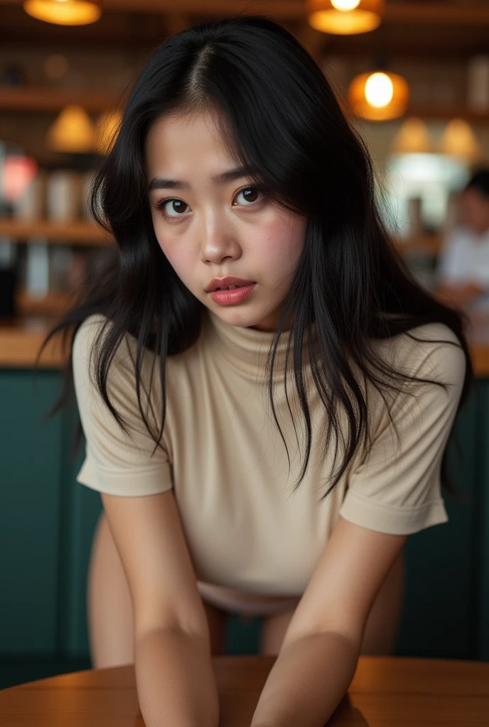 ((best quality, 8 thousand, masterpiece:1.4)), (20 year old woman), Highly detailed face and skin textures, detailed eyes, (Indonesian woman), (black wavy very long hair:1.3), beautiful bridge, Magic, body, thighs, very big breasts, (realistic:1.37), (Huge, saggy breasts), a scene from a movie, Beautiful portrait of a woman preparing food in the kitchen, ponytail, short ponytail, front ponytail, tongue out, shy, Surrealism, high detail, cinematic lighting, social media composition, cowboy shot, Fujifilm, UHD, retina, masterpiece, ccurate, anatomically correct, textured skin, super detail, high details, high quality, award winning, best quality, highres, 1080P, HD, 8k, 16k, ((huge_breasts)), ((sagging_breasts)), small face, woman in her 20s, wearing dull green t-shirt, Comfortable clothing when cooking,