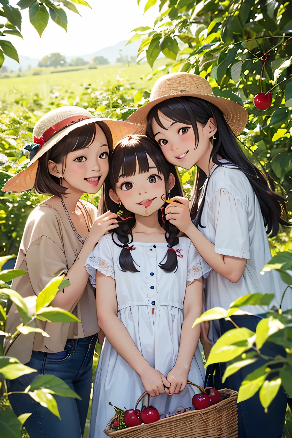 Highest quality、High resolution、Detailed Background、(Beautiful face in every detail:1.4)、Anatomically correct、(Normal number of fingers:1.2)、(Detailed facial expressions)、Teenage beauty、Highly detailed face、Light color hair、Braided Ponytail、Braided bob cut、cute hairstyle、cute gesture、Fun atmosphere、A big smile、smile、Refreshing atmosphere、apple、mandarin orange、peach、

(Girls enjoying fruit picking:1.5)、

On top of a hill with a blue sky、wood々The sunlight shines through、I found some ripe red fruit.、
Holding hands with friends、Climbing from a high branch、Picking sweet-smelling grapes、
A fun time filled with smileemories that remain in my heart、
Now, what color fruit will be next?、Can you find it?、Let&#39;s all gather together and eat、
Summer memories: Fruit picking、Running around under the blue sky、apple、mandarin orange、Collected peaches、
I had a great time、A memorable summer day、

A cute T-shirt with fruit prints and colorful colors.、
A flared dress made of lightweight material、Comfortable denim or cotton shorts、
Flared skirts, culottes, etc.、Comfortable flat or sports sandals、Lightweight and breathable sneakers、Caps and hats that are easy to crush、
The color is red, reminiscent of fruit.、yellow、orange、Green etc. gives a lovely impression、cute