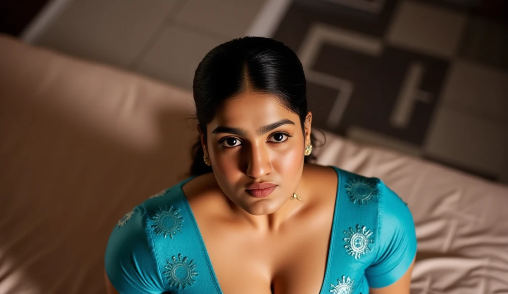 a 50-year-old shirtless man affectionately hugging and kissing aradiant, full-figured South Indian plus-sized 30 year old teacher wearing a off white silky saree in dressing room, (cum Splash on her face and blouse, cum Splash on her face, cum Splash)captured in a full-body image with vibrant hues and meticulous details. Full body image