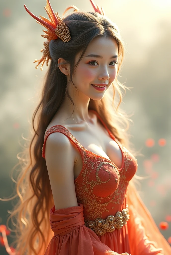 ((highest quality)), ((masterpiece)), (detailed), whole body、wallpaper、Attention to detail、Perfect Face、Perfect body、Light brown hair、Beautiful Skin、Half Russian and half Korean、Korean Idolasterpiece:1.3), (8k, Photorealistic, Raw photo, Best image quality: 1.4), (Rough long hairstyle:1.2)、Cleavage:1.4、Beauty、Beauty、Wearing a red Chinese dress