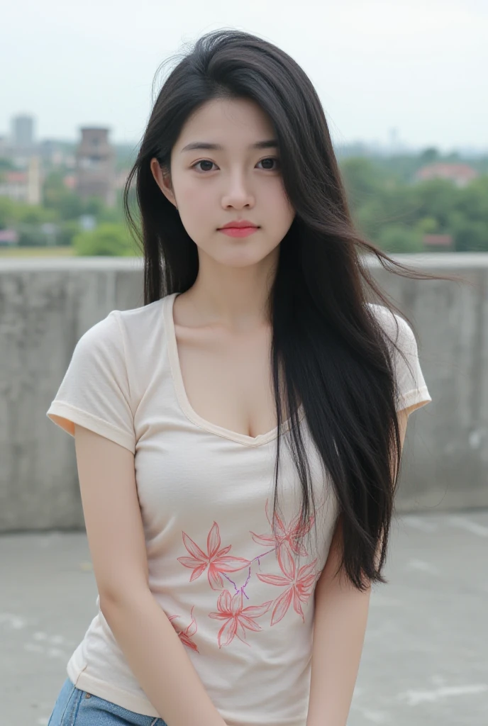 close-up of beautiful Vietnam, Trần Mai Hương is a Vietnam model and actress, age 20 years old girl, youthful face, perfect body, white body skin, very rapunzel long hair, standard black hair, straight hair, 36 inches breasts size, wearing a plain standard light white long sleeved t-shirt, wearing a tight camouflage leggings, sexy looking pose, pose a naughty look, pose looks seductive, at the military training camp, military training camp background, UHD