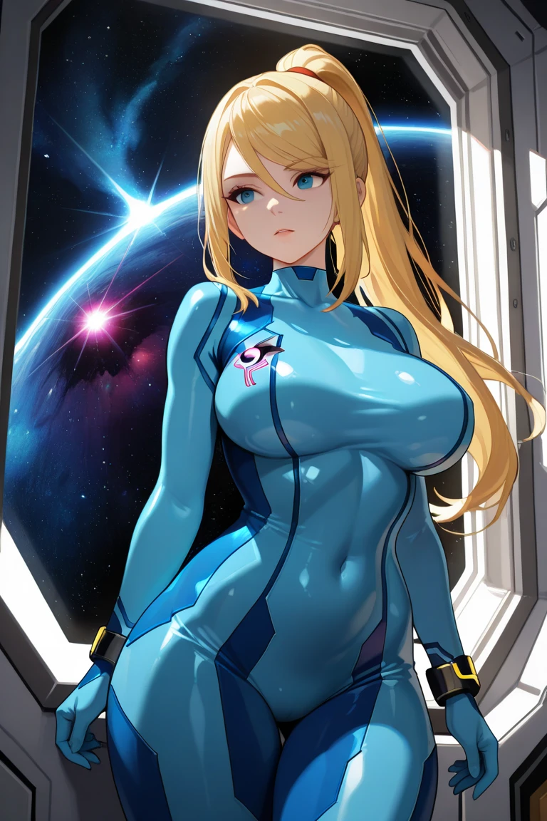 masterpiece, best quality, samus aran, ponytail, hair tie, blue bodysuit, upper body, looking at viewer, furrowed brow, holding handgun, hand to hip, outer space, big belly,(vore)
