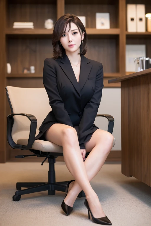 Women in the workplace High heels Black silk Black and white professional wear Black tie Superb C cup Office Sitting on an office chair Kneeling legs Looking down Hands crossed Disgusted eyes Beauty