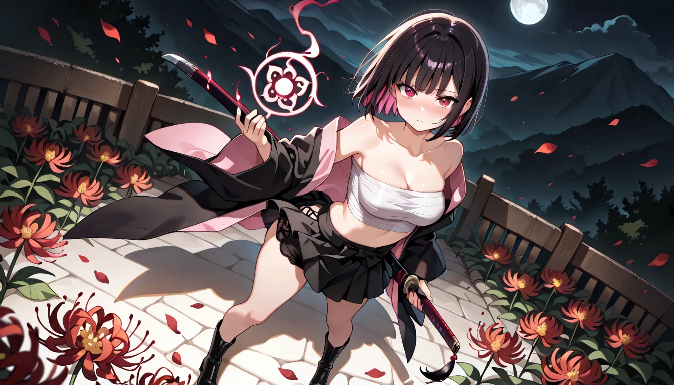 full bodyesbian，1girll，whaite hair，horse tailed，Purple pupils，（ninjartist），short sword，middlebreast，围巾，Wallpapers，Magic array background，light particules，Green fire，on one knee，Keep your eyes on the front，Eyes locked，Combat posture，