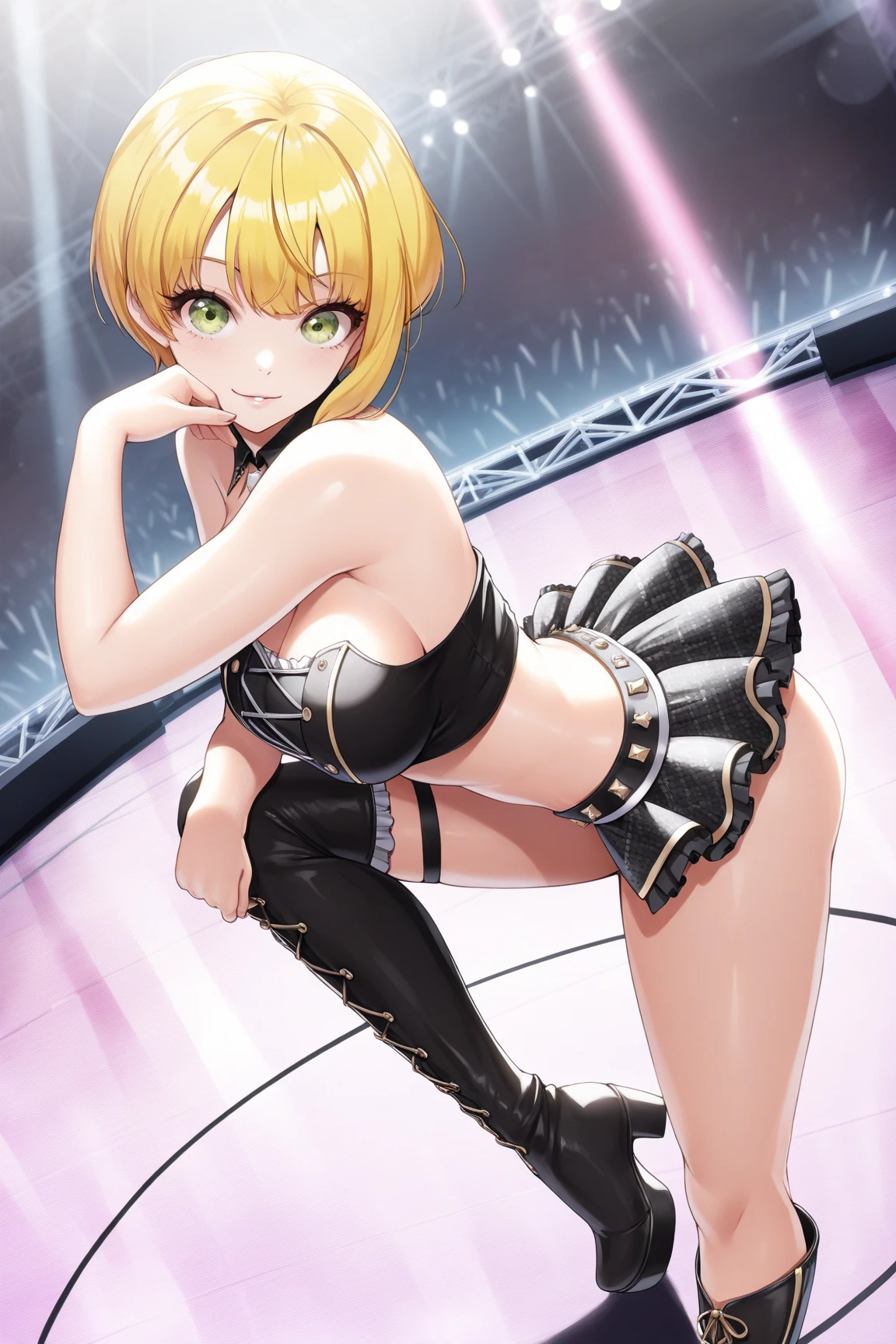 masterpiece, beautiful detail, beautiful light and shadow,Beautiful Anime Woman, Beautiful art style, Anime characters,1girl, ((((solo)))),saber,blonde hair, short hair, hair ribbon,Sexy Hard Body, bzccostume, topless, minimal costume, bare breasts, heart pasties, covered nipples, arms up in the air, hands behind head,pov, night club background, spotlights on ceiling, smile,shy,open mouth,close-up
