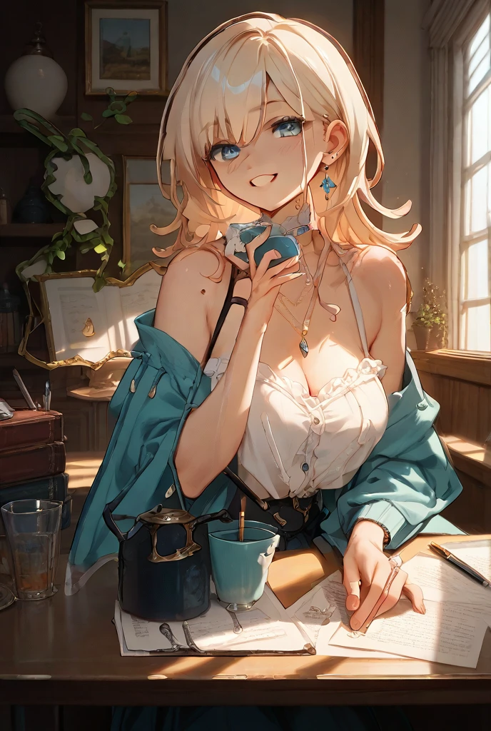 masterpiece, best quality, 1girl, <lora:sppriconneYukariXL-10:1> yukarisu, white headwear, swimsuit, striped bikini, shirt, open clothes, skirt, blue flower, book, flower, hydrangea, purple flower, rain, table, water drop, window, window shade, windowsill, wooden floor, drinking, hand on own hip, looking to the side, solo
