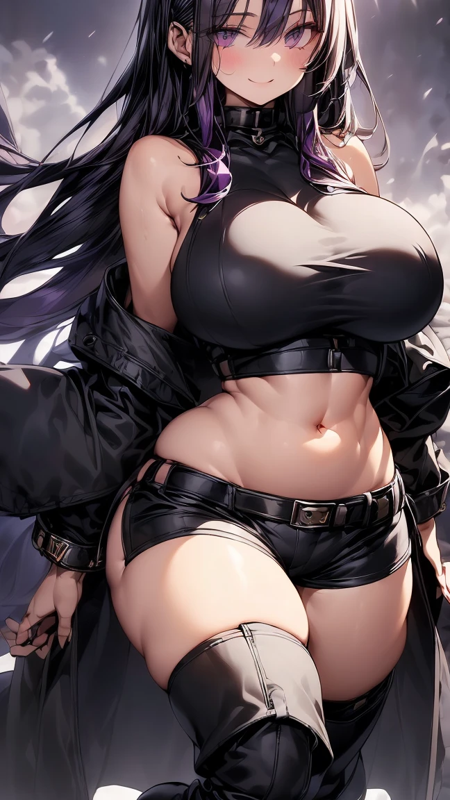 (masterpiece, best quality:1.2), 1girl, solo, full body, (realistic, photo-realistic:1.37), (8k, RAW photo, best quality, masterpiece:1.2),  background, ultra-detailed, physically-based rendering, kodakvision color, bokeh, sharp focus, (solo:1.4), best quality, extremely detailed face, extremely detailed eyes and face, beautiful detailed eyes, 1girl, solo, breasts, fembyleth, detached collar, black cape, black crop top, breastplate, tassel, belt, short shorts, gauntlets, big breasts, topheavy. plump, curvy, chubby, (high_aesthetic:1.2), (plump, gigantic_hips:1.2), fat, sciamano240, soft shading, detailed, semi-realistic, thick thighs,
