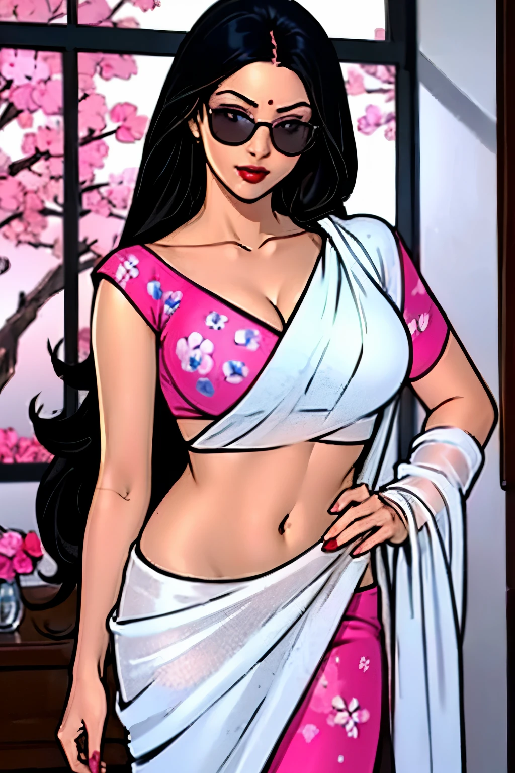 The sexy model in transparent white saree with pink floral print is wearing glass sunglasses pouty red glossy lips, happy, posing seductively,