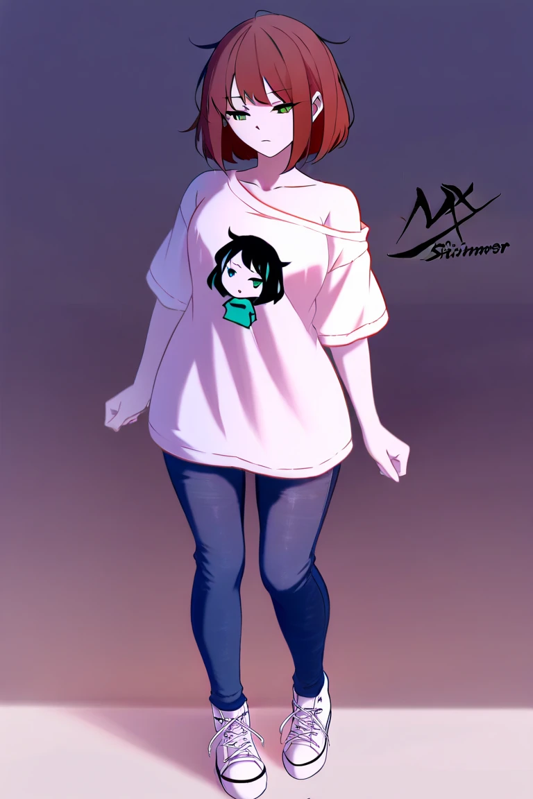 A Power,sentada numa cadeira,jogando em a power, , wearing a red jacket open, a very small and short white shirt with a cat printed on it , black shorts and sneakers.