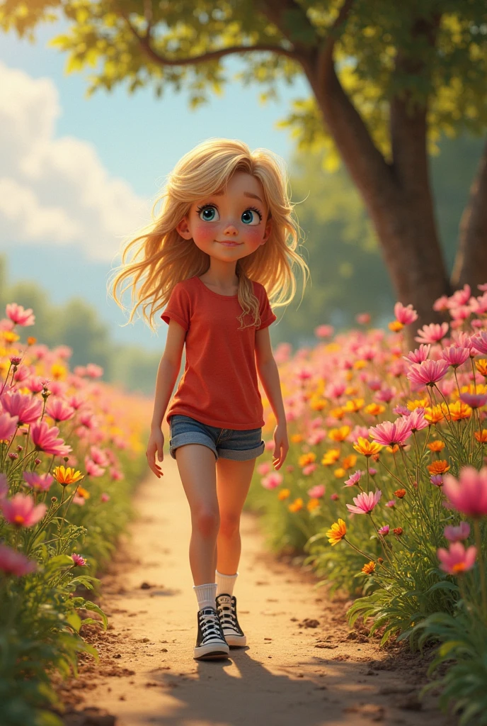 Princess Disney-style, high detailed, create a girl, , with blonde curly hair, hazel eyes, wearing a light pink T-shirt, short jeans and blue shoes. A sunny afternoon in a once-vibrant garden. The girl stands among drooping flowers and brown leaves. The stream that usually flows through the garden is dry, and she looks concerned as she realizes something is wrong. The garden, usually full of life, now appears sad and withered under the bright sky. 3D Illustration Animation, Pixar style.