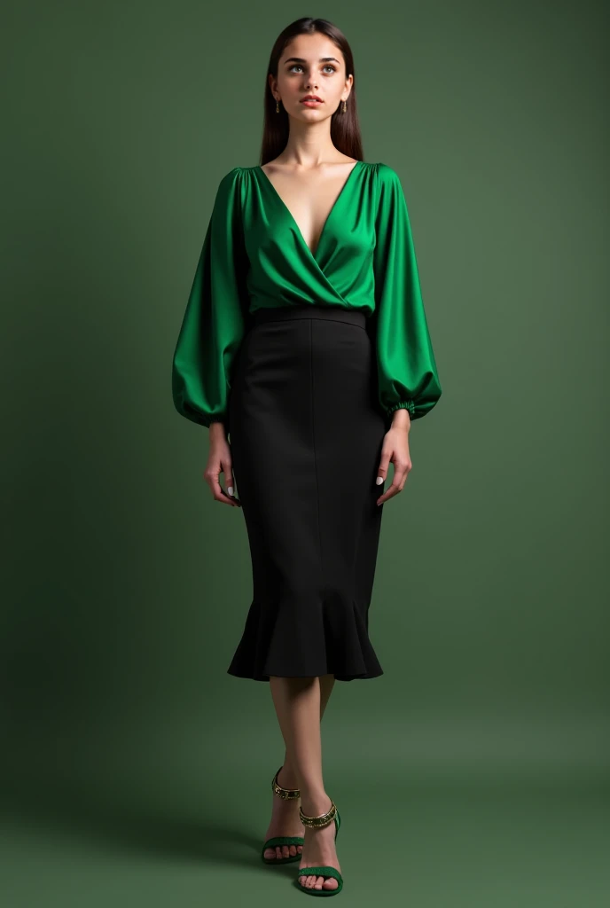 full-length photo, beautiful 50-year-old short straight greyblonde bobcut woman, green black satin leather puff shoulder short sleeve tight top with high peter pan collar, short pleated satin trumpet leather skirt with buckle belt, satin fishnet pantyhose in lace-up high heel boots, bright lipstick, stood in doorway, glaon floor, full body length, high quality, photorealism, cinematic, professional photo, 1064K, eye focus, superdetailed, filigree, haze, hyperrealism, masterpiece, Ultra HD