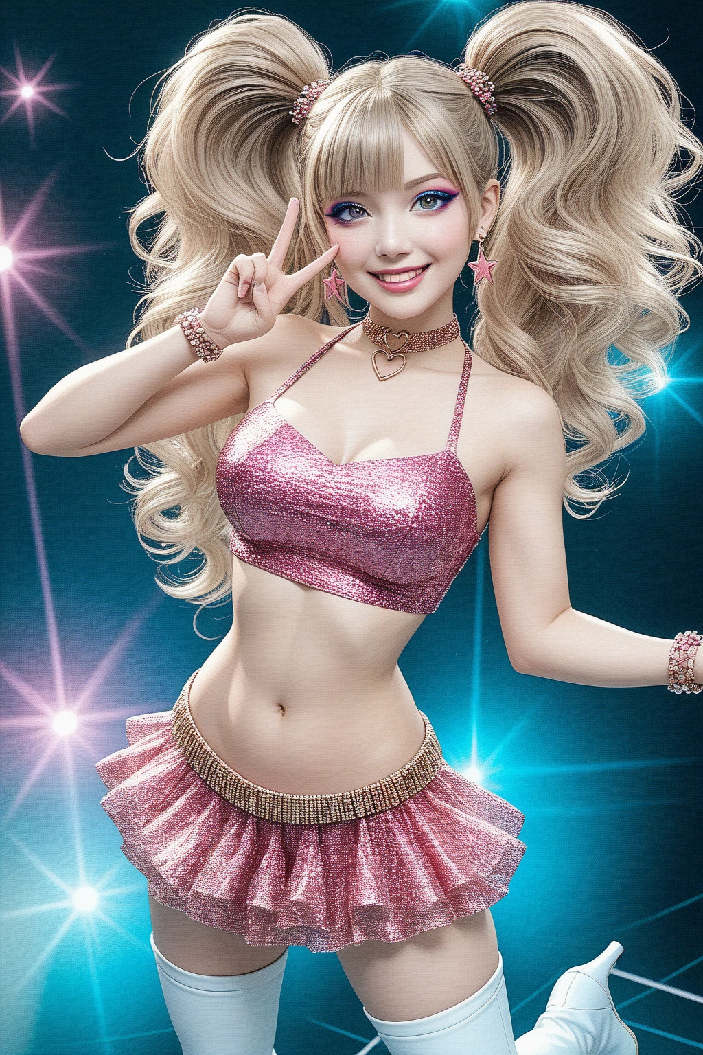 NSFW, 8k, High-level, absurd, masterpiece, best quality, primitive, very detailed CG, very detailed wallpaper, perfect lighting, Extremely detailed ((( personifying " Farrah Fawcett Majors " as a Little Girl))), MysticSight, Tyndall effect, Tyndall scattering, (Studio gray background with (Overflowing oodles Dazzling RainbowColorParticles (BokeH))), (RoundlyButts, ThighGap), (Exposed:0.4), (Assfocus with looking ahead) BREAK (Acutance:0.88), (NOGIZAKA face variations) Extremely Detailed very KAWAII face variations, perfect anatomy, Childish, CaptivatingGaze ElaboratePupils detailed Eyes with (sparkling highlights:1.28), (Voluminous LongEyelashes、GlossyRED Lips with beautiful details, RosyCheeks, Radiant PearlSkin with Transparency . { (Dynamic LifeLike expressions:1.4) | :d) }, (large eyes:-1) .