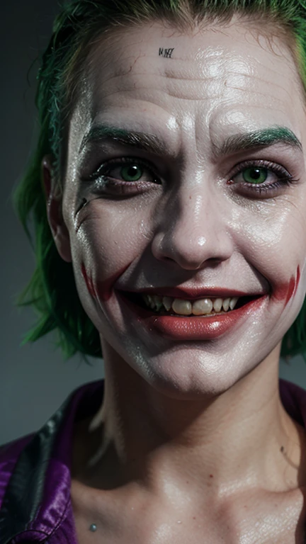 "Close-up of the Joker's face, with white makeup slightly melting from sweat, bright green hair, intense eyes, and a maniacal grin, in high-resolution 3D style with photorealistic details