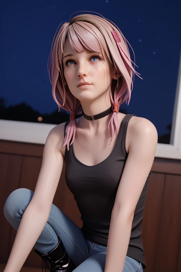 _ Max Caulfield AA,pink hair,low pigtail,blue eyes,slender ,pink hairと黒目の女性,   from front angle , top quality,  masterpiece,  super high resolution, top quality,   HD ,Hi-Res 8k,(((Night School,))),  Detailed Faces , detailed eyes drawn on the board ,black choker、black tank top、black miniskirt、Black boots