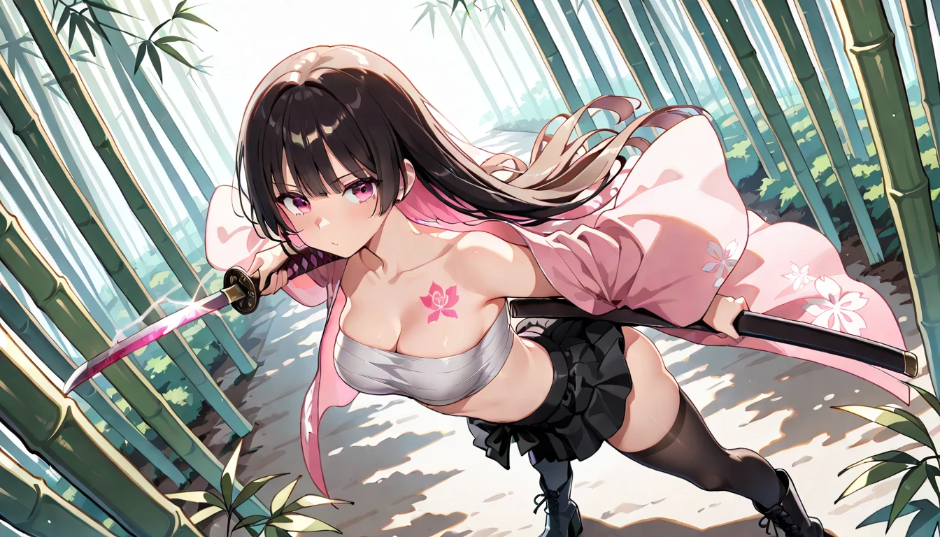 masterpiece, (pink kimono), seductive face, good lighting, décolleté, fine details, masterpiece, glowing eyes, 1girl, black hair, gag, bamboo, Nezuko Kamado, wisteria background, masterpiece, best quality, POV, whole body, wide hips, Nsfw, skir ligt, upskirt, pov, thong T-String