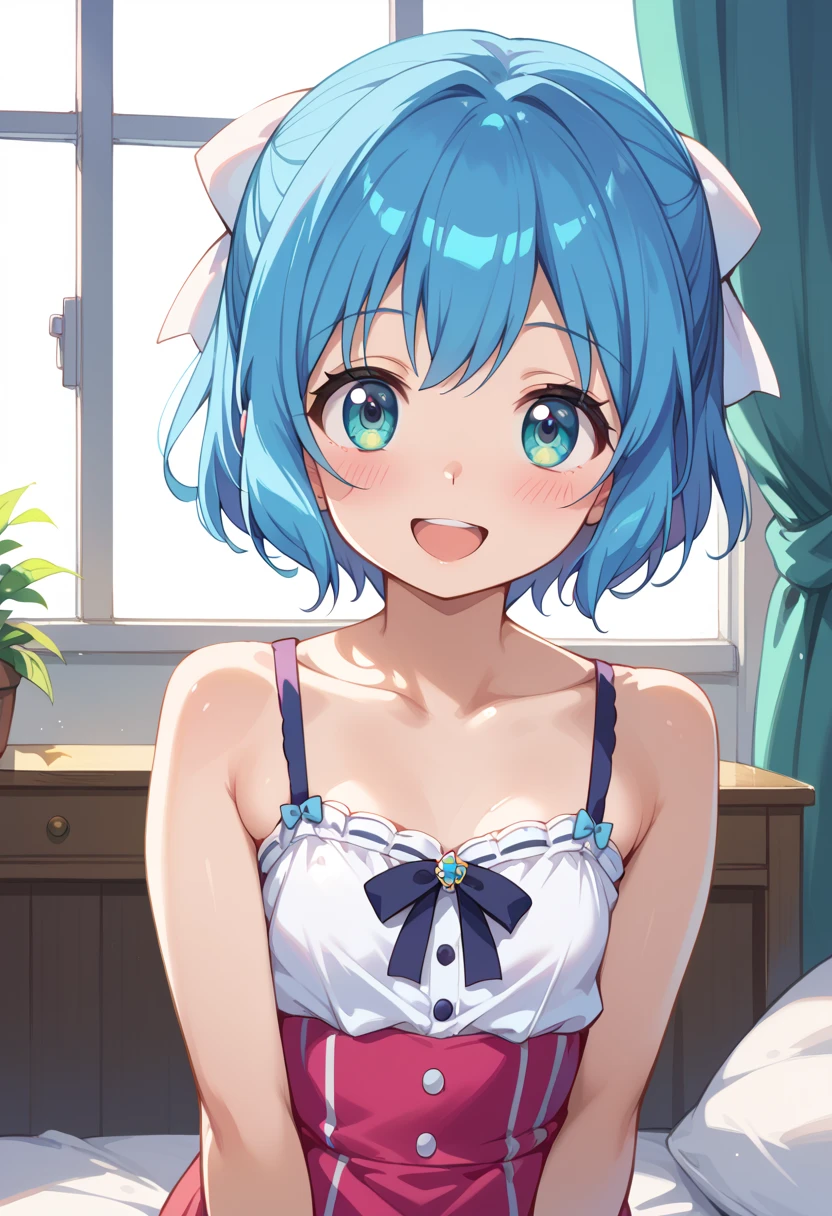 ayaka,((blue hair)), beautiful face,smiling, fit body,moderate breast,sitting on a bed,wearing white apron,illustration,detailed textures,ultra-detailed,portrait style,vivid colors,soft lighting , half body