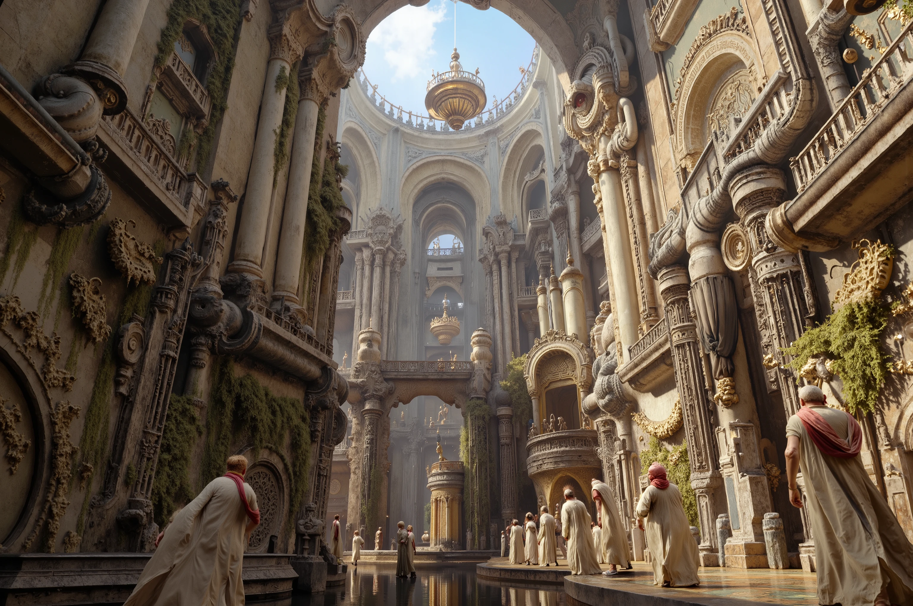 这张照片展示了宏伟而was amazing的内部建筑风格，The building has white pipes and wires，creates a cathedral-like atmosphere. Towering white stone columns extend upward, ，embellished with intricate carvings and designs. The gorgeous hanging chandeliers cast a warm, soft light over the space, that complement natural light through high windows, to create a fusion of foggy light and dramatic shadows. The floor is an elegant mosaic, ， people on the space station wear white robes，There are white pipes and gold circuit textures on the body，The inside of the robe is red, helps create a sense of cultural integration and a peaceful sense of bustling activity. The perspective is upward, The slightly sloping view enhances the majestic height and intricate structural details, evokes a feeling of awe and reverence.scene surrealism，Dimensionally Transforming Architectural Design，A building made entirely of geometric shapes，unreal engine:1.4,ultra-high definition,is the best quality:1.4, fotor realist :1.4,  masterpiece:1.8, Otherworldly, , Colonies of a New Planet, gloomy atmosphere, Wild atmosphere, Harsh environment, was amazing, was amazing的艺术品. (is the best quality,4K, 8,000,high resolution in river water, masterpiece:1.2), ultra-detailed ,( realist ,fotor realist ,fotor realist :1.37),HDR,ultra-high definition,studio lighting, Ultra-thin paint, Clear Focus, Physically Based Rendering, an old Japanese house, Professional, Dream Cities, The capital of the empire, Super tall skyscrapers. A space tower for docking interstellar cruisers, Piercing the Sky,  The river runs through the city, A waterfall in a city garden,  Super-High Falls , Never sleep. , A transport spaceship anchored in the spaceport terminal，The city is full of life, Modern technology blends seamlessly with traditional Arabian luxury urban structures.. This is an was amazing piece of art, Use Pixai, brought to life, reveals the limitless creativity and possibilities of our imagination. Experience the futuristic cityscape on Pixai，Immerse yourself in a spooky world of art, A bottomless crack filled with lava,  Lava Falls , Fire and Smoke , a powerful artificial intelligence model, Science Fiction，metallic texture，大Wide-angle composition。A sense of emptiness in the scene，Sacred, Grid light and shadow，A golden ring shines in the sky，on the body creates a sense of depth and perspective, Dark Tones，Film composition ，Wide-angle composition，Movie lighting ，Art by Piotr Jabłoński，drk4rt，Billie Eilish