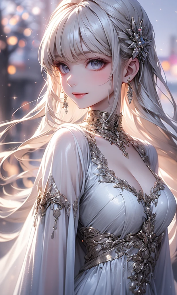 best quality, masterpiece,white hair, gold eyes,white clothes, looking up, upper body,hair strand long hair,Fair skin,side braids with coloured threads braided in them. Large bosom, extremely thin waist, exstremely thin hips. large red lips. Wide smile, gown the color of snow. Good humored whimsical full face.