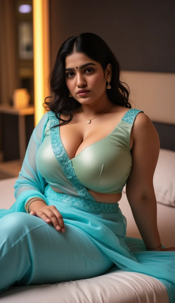 A beautiful poor woman(busty, very large enormous breasts, beautiful straight eyes) with very beautiful face cleaning floor by hands wearing saree(very deep neck,). Cleaning floor and showcasing huge breasts with huge cleavage.  Old clothes, saggy breasts,  natural breasts, real skin, Long exposure. Full body photo. 