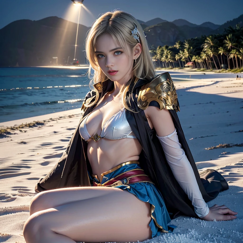 1 mulher elfa alta, de cabelo branco e bonita,, melhor qualidade, (beleza), 1 menina, Scenario-based rendering, cintura estreita, magro, olhos grandes, pernas longas, (seios pequenos), olhos inchados, de frente para um penhasco, fim de tarde, (sun sunset), de frente para o espectador, postura de luta, (segurando uma espada e escudo), a cold expression, armadura de dourada por todo o corpo