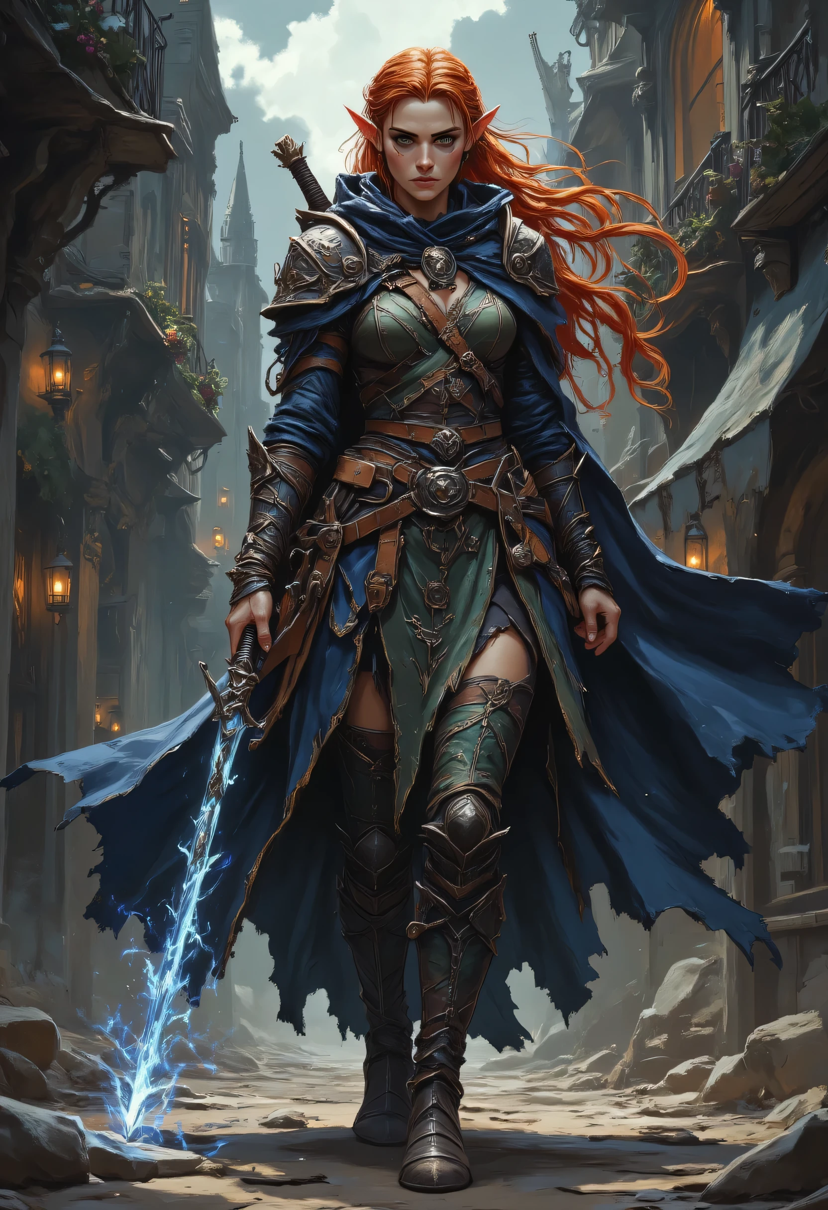 a picture of a female elf, fantasy swashbuckler, fantasy fencer, armed with a slim sword, shinning sword, magical sword, metallic shine, colorful clothes, full body, epic beautiful female elf, red hair, braided hair, small pointed ears, wearing  blue cloak, long cloak, wearing elven leather armor, colorful armor, sense of daring, sense of adventure fantasy street, high details, best quality, 16k, [ultra detailed], masterpiece, best quality, (extremely detailed), dynamic angle, ultra wide shot, photorealistic, RAW, fantasy art, realistic art,((best quality)), ((masterpiece)), (detailed), perfect face, fantasy, Digital painting style, brushstrokes