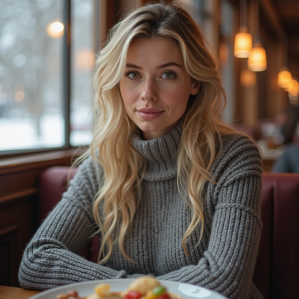 Aria, 24 year old platinum blonde model with long thick windy hair and a nice body. Eating lunch at a nice restaurant alone in the day time, sat down at a table, wearing pretty daytime winter clothes