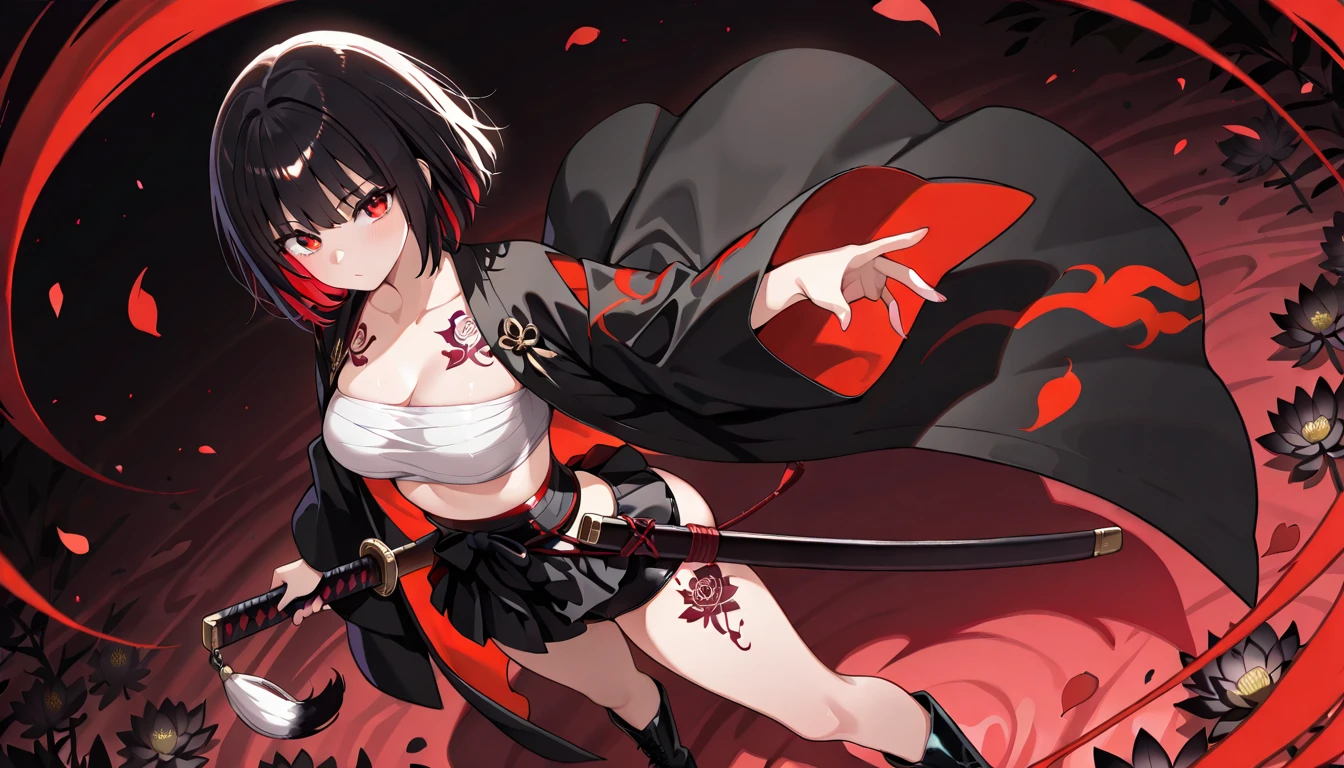 1 girl, standing alone, Japanese clothing, shorth hair, missiles, elsword, eyes black, looking ahead at viewer, kimono, scarlet hair, lips, hand on hip, scabbard, ssmile, katana, scarlet hair, trunk, cloused mouth, scabbarded, hand up black kimono, dark kimono, big boobs, big ass, slim body