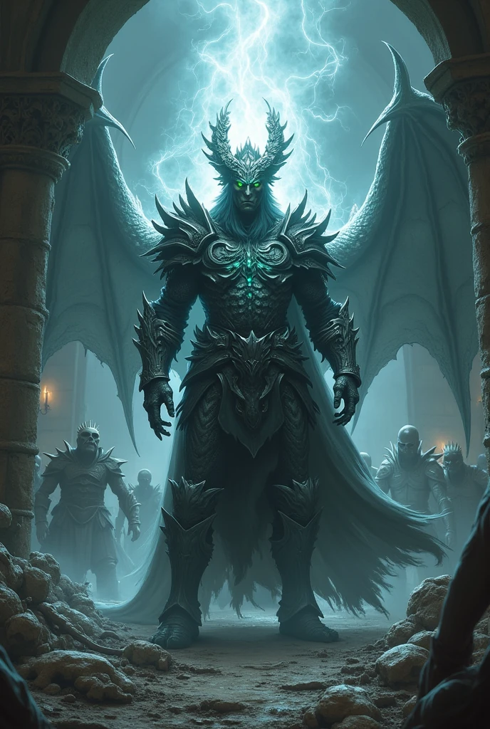 Dark medieval warrior with ghost dragon armor fighting men in a dungeon with skeletons everywhere