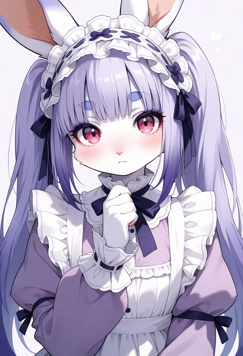 1girl, (furry, kemono:1.4), rabbit girl, animal nose, rabbit ears, rating:safe, solo, purple_hair, long_hair, purple_eyes, frills, blush, looking_at_viewer, ta_hairband, bangs, blunt_bangs, headdress, purple_theme, sleeves_past_wrists, dress, eyebrows_visible_through_hair, upper_body, simple_background, closed_mouth, twintails, pale_skin, purple_dress, frilled_hairband, hair_ornament, loliashion, eyelashes, very_long_hair, makeup, white_skin, maid_headdress, puffy_sleeves, hairband, long_sleeves, masterpiece, best quality, very aesthetic, absurdres