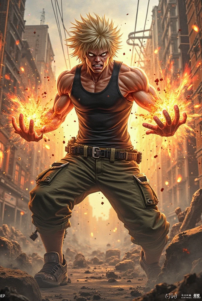 Obra prima, Goku merged with Wolverine, energia em volta do personagem, ((particulas e fagulhas de fogo)), por Marvel, Goku misturado com wolverine, detalhes intrincados, melting, wolverine's pants and Goku's shirt, 8k, DSLR, cinematic, fitness, musculoso, ((com garras aparentes)), cyberpunk, Uniform Fusion, amarelo, azul e vermelho. Degraded scenery and destroyed buildings. The night with lightning