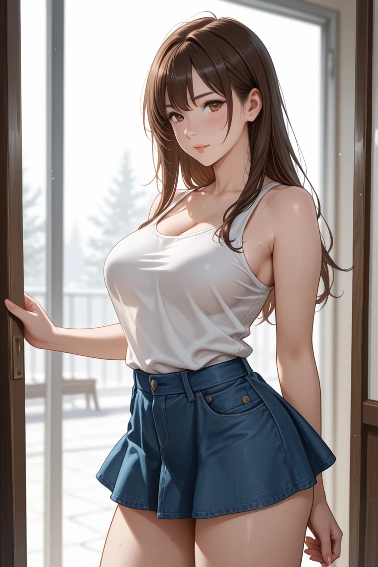 Game , goddess of victory nikke, Rapi , light brown hair, alluring eyes ,beautiful face , crystal red eyes , long hair ,white shirt, oversized office shirt, see through shirt, cleavage, wet shirt, didn't had skirt, no pant, bare legs,dripping wet,cheerful eyes, ,g cup breast, slender waist, bewitching thighs, , five fingers each hand, two hand ,two leg , in water, at pool, alluring pose