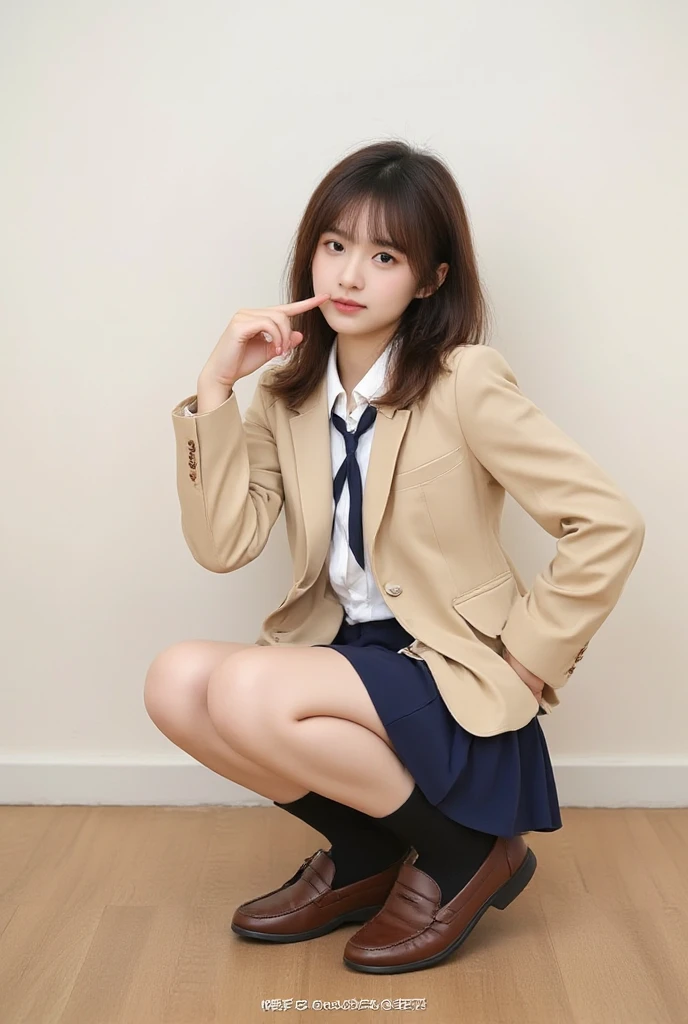 Beautiful girl in uniform sitting in a miniskirt with short black hair