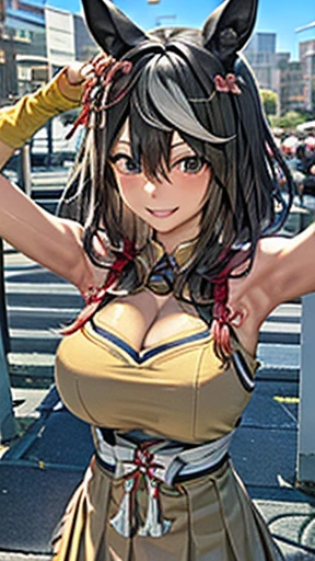 busy city, crowd, 1girl, Yellow Cheerleaders costume, masturbation, random hair style, black hair, Multicolored hair, micro skirt, no panties, squirt peeing, exposed, cheering with lewd smiling face, blush face. open leg pose, squat and legs wide open, black thigh-high socks, thigh gap, shiny skin, shiny body, wet body, big areola, thic areola, big breastbreast, mature body.