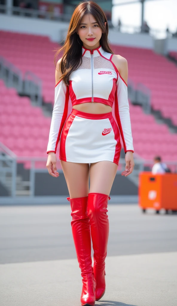 Super detailed photos、Detailed face、Lip gloss、Cool woman、Colorful costumes、F1 Driver Cosplay、Colorful costumes、Clothing with company logo、Grid Girlsのカラフルで派手な衣装、Grid Girls、Perfect Face、Paddock Girls、Harem、motor Show、tights、Bodycon Costumes、Grid Girls、Russia、Grid Girlsのコスプレ、belly button、Pleated skirt、Bodycon Costumes、Legs open pose、Spread your legs to show your crotch