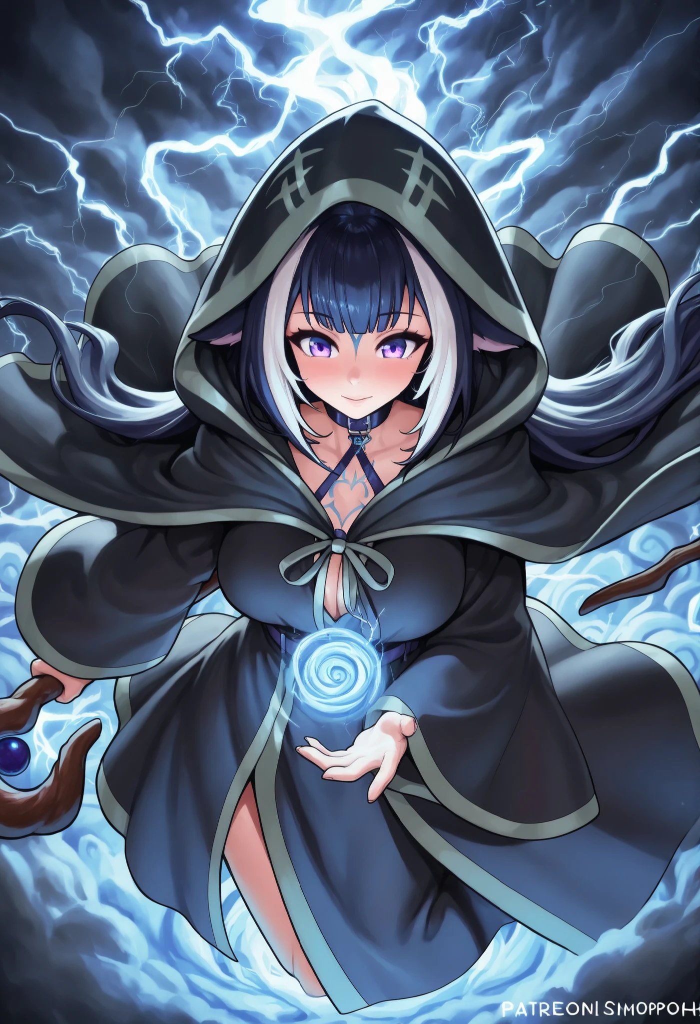 Shylily (VTuber),(hooded prophet in TATTERED storm-robes:1.5), (SUMMONING a tornado from his staff:1.6), (eyes CRACKLING with blue lightning), (scrolls FLOATING around him in a vortex), wind-swept fabric
,masterpiece, best quality, newest, highres, absurdres,