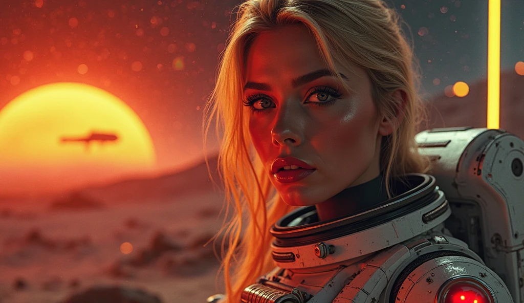 Astronaut style bikini with a group of soldiers behind her, beautiful sci-fi art, beautiful smile, space warrior, sunrise over solar punk city, stoner rock, mars invasion 2 0 3 3 - 2 0 4 2, 7 0 s palette, epic album art cover, sexy movie photo, cinemascope panorama, high stylized and 1940’s poster, cosmic style, 8k cinematic, golden ratio, cosmic mayhem