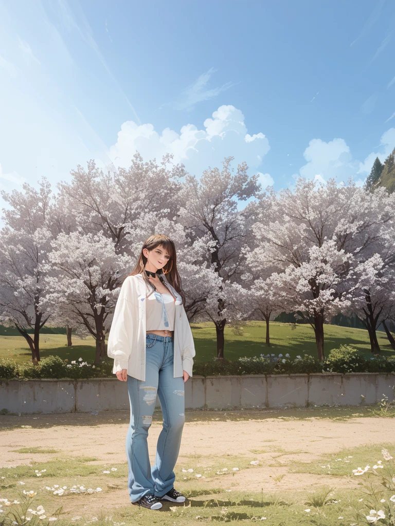 (masterpiece、highest quality、High resolution、8K)、Beautiful 35 year old Japanese woman with glasses、beautiful long black hair、Wear glasses,big breasts,cleavage,Standing under a large cherry tree in full bloom,sexy turtleneck sweater,Perfect fit denim,black short boots