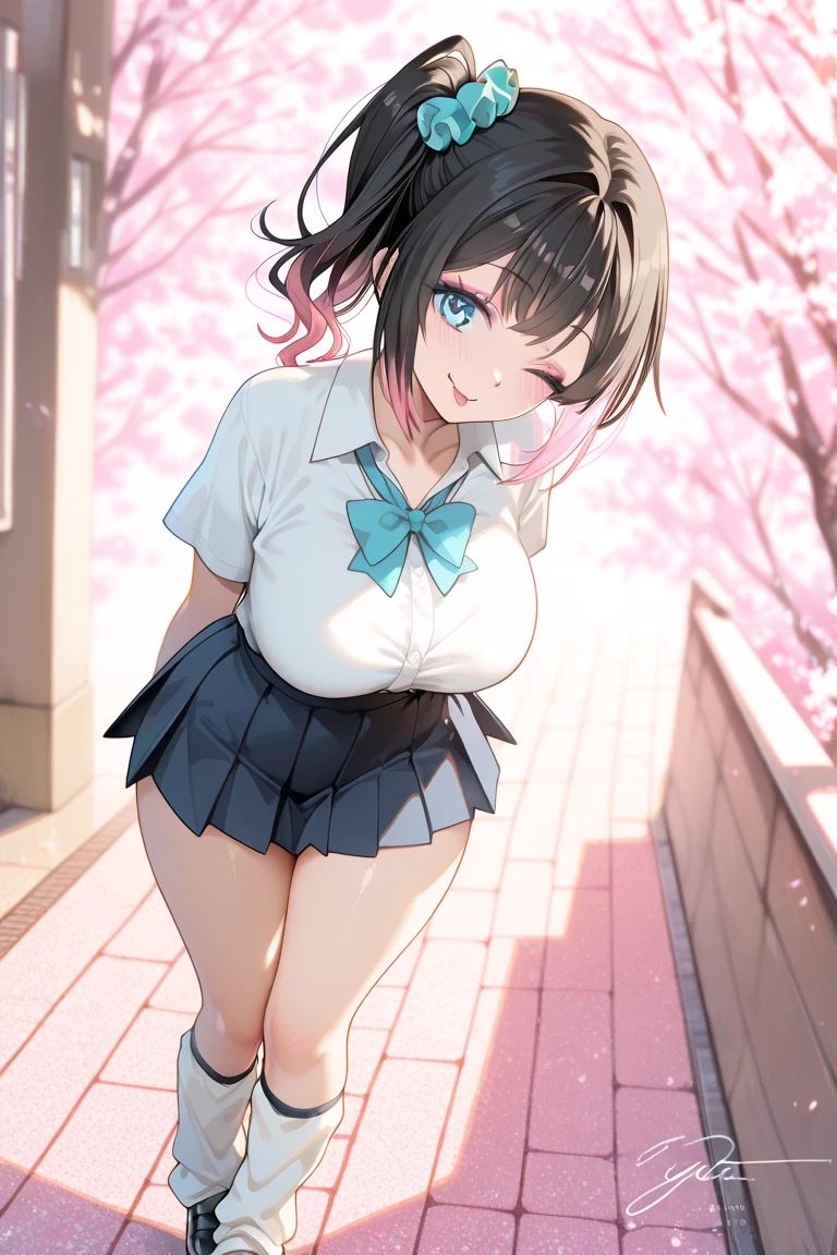 ((Table t○p, highest quality, Hi-Res Lucifer,Anime Screen Capture、Pixel perfect, 8k, nsfw)))、Perfect Anatomy、(((Huge breasts、Wide Hips、Wide ass)))、(((Bobcut、Blunt Bangs)))、(((Skirt flipped up by the wind、White Shirt、Black Mini Skirt、Blue striped panties)))、Hands on Hips、Sweat, vapor,(Yellow Eyes)、((Black Hair)),  ((((:d、blush))))、(In town)
