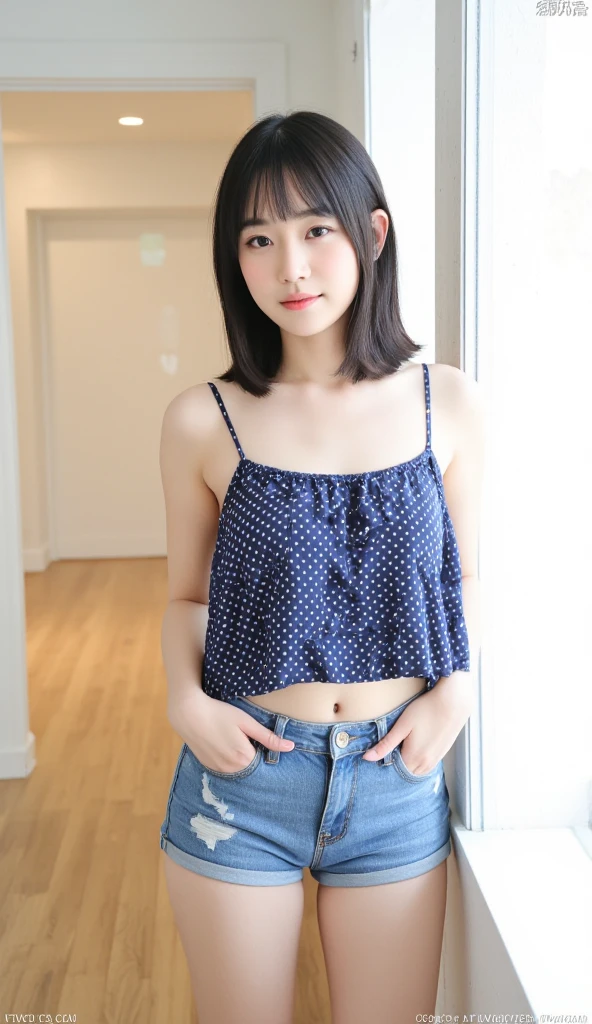 One girl,summer,Inside the room,Bed,Standing,Black Hair,Short Bob,Put your hair on your ears,Navy Blue,Tank top,skirt,laugh,6th grade elementary school,Neat,Pure school,front,Small bulging lines on the chest,Look here,transparent, Soft Light,(masterpiece, Highest quality), Structure of the film, Like a movie