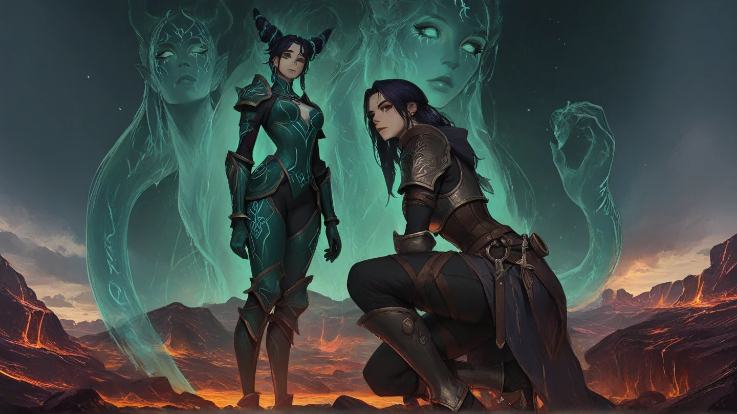 there are two androids dressed in elaborate costumes next to a tree, unreal engine art, inspired by Android Jones, the goddess of fertility, elize theron, three women, desert circus, 3 deities of spring, by Nina Tryggvadóttir, as 3 figures, eve, elfpunk, from a movie 2 0 1 9 sci fi 8 k --auto --s2