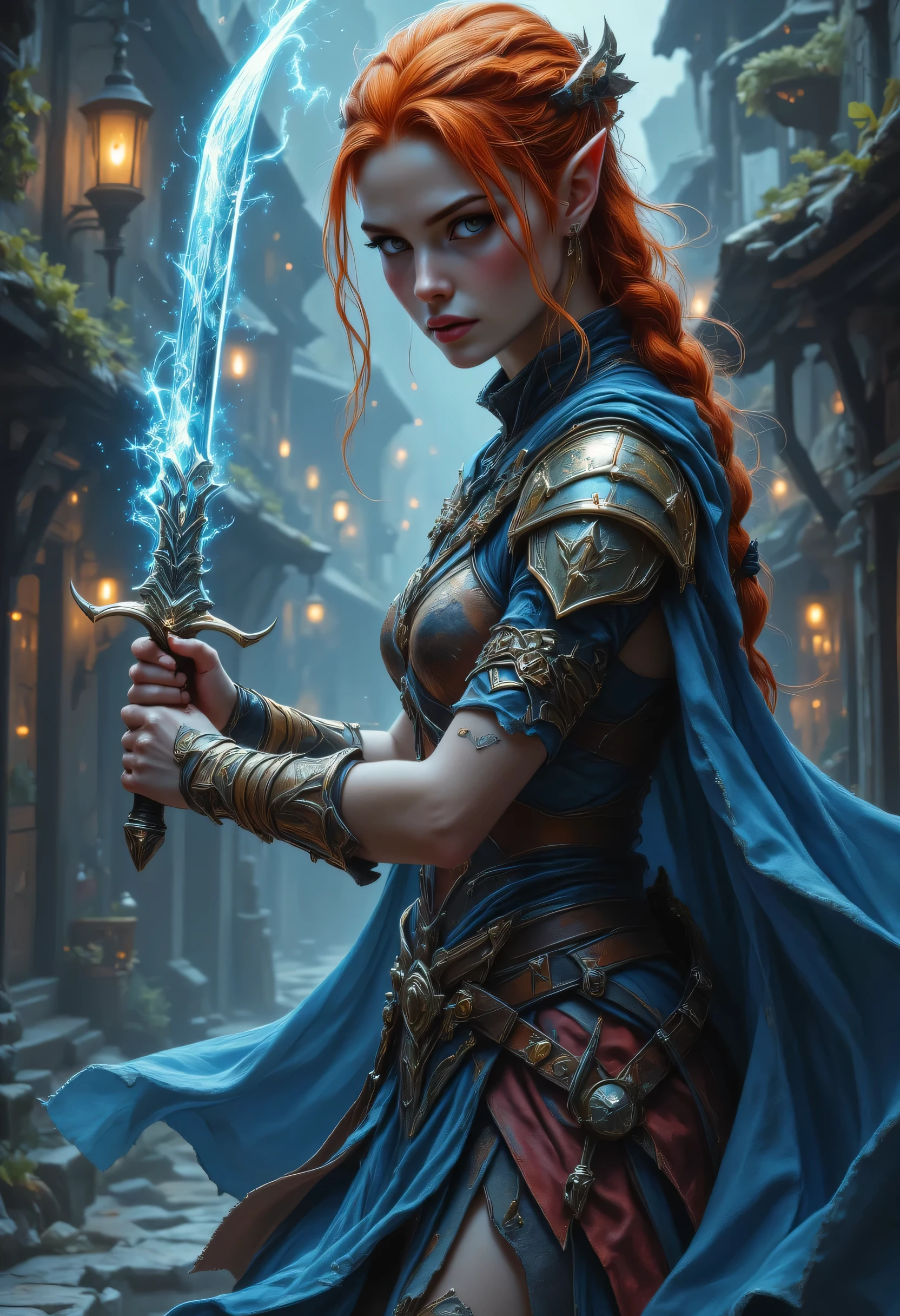 a picture of a female elf, fantasy swashbuckler, fantasy fencer, armed with a slim sword, shinning sword, magical sword, metallic shine, colorful clothes, full body, epic beautiful female elf, red hair, braided hair, small pointed ears, wearing  blue cloak, long cloak, wearing elven leather armor, colorful armor, sense of daring, sense of adventure fantasy street, high details, best quality, 16k, [ultra detailed], masterpiece, best quality, (extremely detailed), dynamic angle, ultra wide shot, photorealistic, RAW, fantasy art, realistic art,((best quality)), ((masterpiece)), (detailed), perfect face, fantasy, zavy-ctcmcs, dweapon