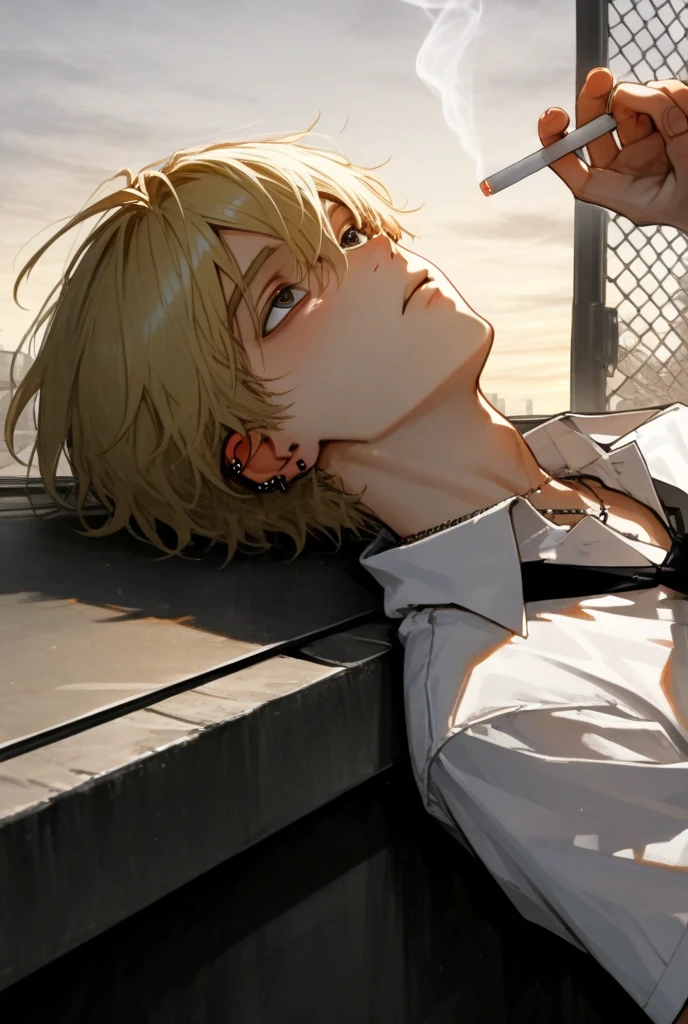 A young man with blond hair and green eyes is sitting by the window, smoking a cigarette, bored. He is wearing black clothes, anime 3D.