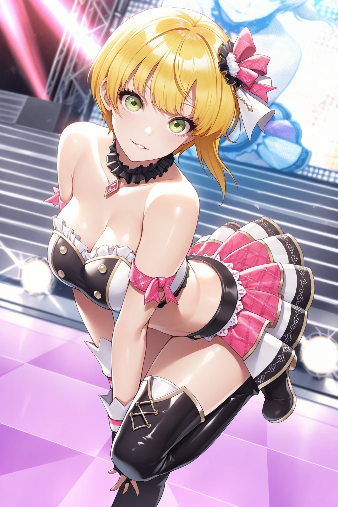 MLTD bg style, (best quality, 8K, masterpiece, HDR, ultra detailed:1.2), cinematic angle, (light particles, sparkle), lens flare, depth of field, bokeh, 
1girl, white gloves, open mouth, microphone, short puffy sleeves, glowstick, smile, petals, maid headdress, frills, blush, solo, stage, white thighhighs, belt, hair bow, hair ribbon, medium breasts, idol, upper teeth only, looking away, aqua bow, frilled skirt, hair ornament, frilled dress, audience, solo focus, concert, zettai ryouiki, spotlight, stage lights, shiny hair, looking afar, buckle, belt buckle, elbow gloves, wing collar, jewelry, petticoat, navel, NSFW  show pussy
